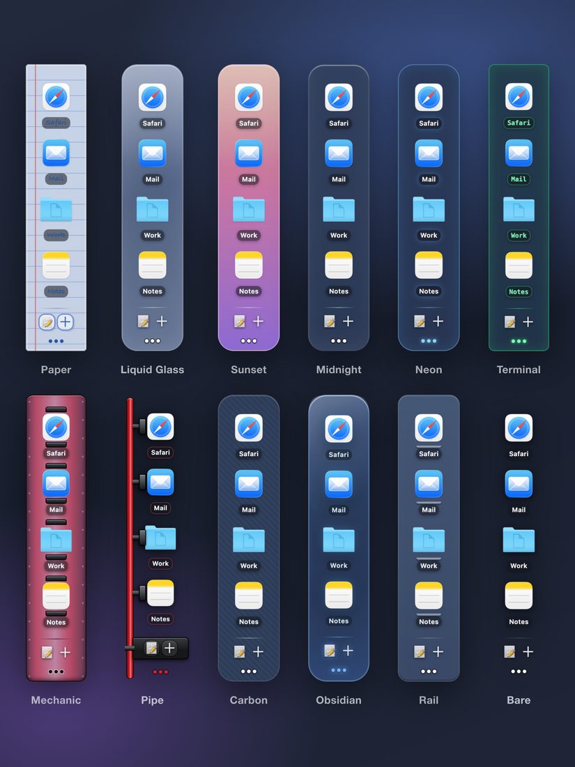 SuperDock Lite shown in twelve themes